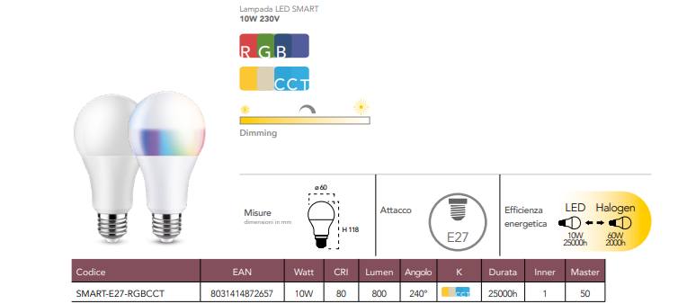 Lampadina LED SMART WIFI CCT RGB dimmerabile attacco E27 sfera 10W 800 lumen resa 60W 230V Lampadina LED SMART WIFI CCT RGB dimmerabile attacco E27 sfera 10W 800 lumen resa 60W 230V